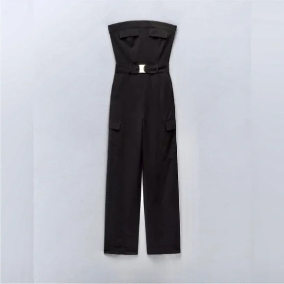 Zara belted black cargo pocket side strapless jumpsuit - Picture 4 of 8